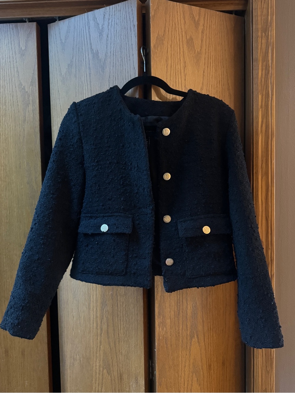 Girls' Black Bouclé Cropped Jacket with Gold Buttons